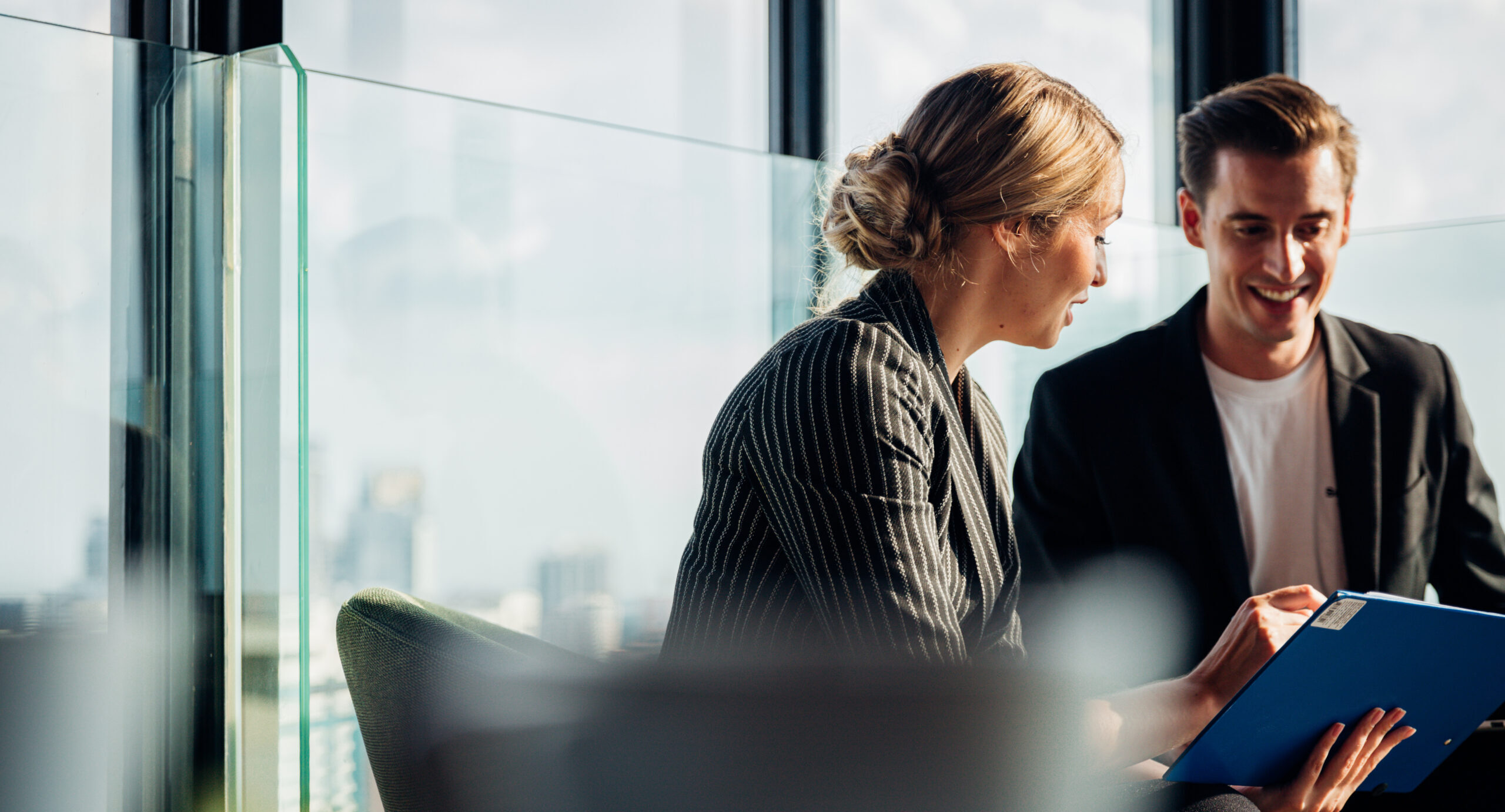 Corporate business team meeting discussion and startup concept. Coworking team meeting. Group of two businesspeople working with new startup project in modern office.